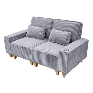 Divano a 2 Posti in Velluto a Coste con Seduta Profonda, Portabicchieri in Acciaio Inox Spazzolato e 2 Cuscini Decorativi per Soggiorno - Product Image 1