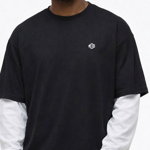 Trendy Layered Long Sleeve Oversized T-shirt Streetwear <b>Black</b> <b>White</b> Two Tone Graphic Loose Fit Heavyweight Cotton Men's shirts - Product Image 5