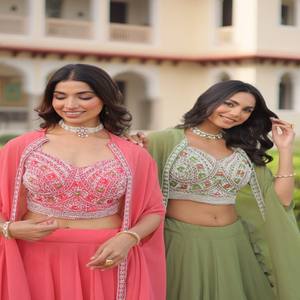 VASTRA COTTAGE Lehenga en Faux Georgette Entièrement Cousu avec Broderie de Perles et Fil, Blouse, Shrug, Koti, Doublure en Coton, Tenue Ethnique Élégante - Product Image 5