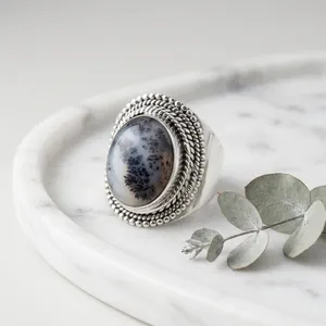 Anillo de Plata de Ley 925 con Ágata Dendrítica Hecha a Mano, Anillo Ovalado con Piedra Preciosa Natural para Hombre y Mujer - Product Image 3