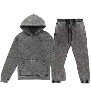 Unisex Gray Acid Wash Tracksuit Set Casual Loose Fit Full Length Solid Color 100% Cotton Breathable Tracksuit For Sale - Product Image 4