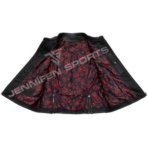 Gilet en cuir de vachette noir pour femme, style motard, avec col à revers, fermeture éclair oblique, cordon de serrage à la taille et doublure intérieure en satin imprimé bandana - Product Image 4