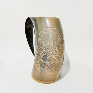Eco-friendly Viking Drinking Horn Mug Rings Carving Handcrafted from 100% Natural Horn Customization is Available - Product Image 1
