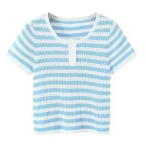 Women's Blue White Striped Knit Crop Top Short Sleeve Button Up Casual Summer Basic Tops 100% Cotton Rib Knit - Product Image 1