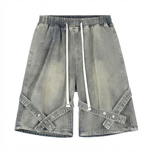 Pantalones Cortos de Mezclilla Gris Lavado Unisex con Logotipo Personalizado, Cintura Elástica con Cordón, Pantalones Cortos Largos de Mezclilla Estilo Urbano al por Mayor - Product Image 1