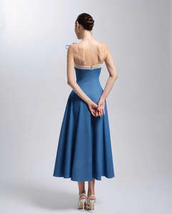 Wholesale <b>Vintage</b> A-Line Denim Midi Dress Cream Lace Sweetheart Neck Women Dress Made in Vietnam Manufacturer - Product Image 3