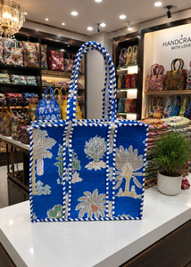 Sac fourre-tout en toile bleu imprimé, style bohème, sac de shopping d'été avec motif palmier et design rayé - Product Image 2