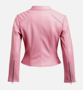 Chaqueta de moto acolchada de cuero de oveja auténtico rosa para mujer, cortavientos, manga larga, cuello alto, cierre de cremallera, longitud regular, color liso - Product Image 4