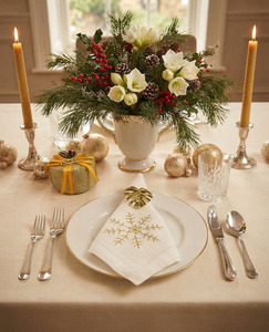 Servilletas de Lino Bordadas con Copos de Nieve, Servilletas de Mesa de Alta Calidad con Dobladillo, para Hogar, Hotel, Bodas y Festividades, Venta al Por Mayor Personalizada - Product Image 3