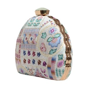 <b>White</b> Multipattern D-Shape Clutch <b>Bag</b> Designer Party Handbag for Women Wedding Occasions - Product Image 2