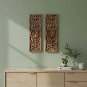 Ensemble de 2 panneaux muraux en bois sculptés à la main, art mural encadré brun, sculptures murales décoratives en bois pour salon, chambre, bureau à domicile - Product Image 2