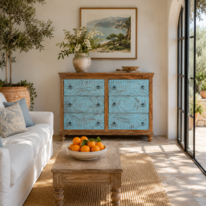 Commode à six tiroirs en bois de manguier sculpté à la main, écologique, bleu rustique, avec motif mandala, meuble de rangement pour salon - Product Image 6