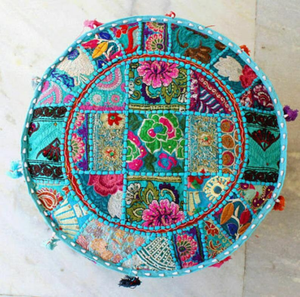 Bohemian Round Fabric <b>Pouf</b> With Floral Embroidery And Tassels For Decorative Use - Product Image 2