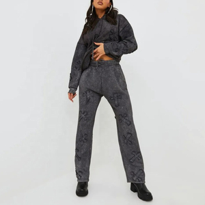 Heavy Acid Wash Tracksuit Women 500GSM <b>Oversized</b> Hoodie <b>Jogger</b> Streetwear Set OEM Private Label Manufacturer with cheap quality - Product Image 3