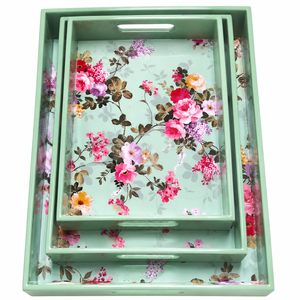 Bandeja de Servir con Estampado Floral |   Bandeja Rectangular de Resina y Madera con Asas para Cocina, Mesa de Comedor, Té, Café, Aperitivos, Decoración del Hogar - Product Image 3