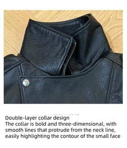 Genuine <b>Leather</b> Motorcycle Jacket Women's Stand Collar Full Sleeve Zipper Closure Solid Color Autumn <b>Short</b> Length - Product Image 6