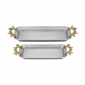 Plateau de service en aluminium personnalisé, finition argentée polie, pour la maison et l'hôtellerie, pour servir des aliments et des boissons, avec poignée dorée. - Product Image 6