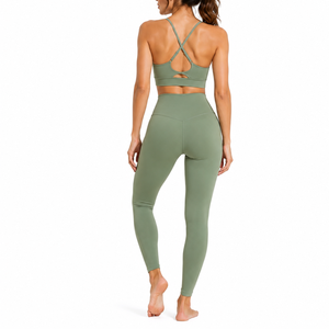 Women's Olive Green 2 Piece Yoga Set High Waist <b>Seamless</b> <b>Leggings</b> Crop Top Spaghetti Strap Solid Color Activewear - Product Image 2