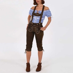 Womens Traditional Lederhosen Authentic Suede Leather Shorts with Detailed Floral Embroidery and Matching Adjustable Suspenders - Product Image 3