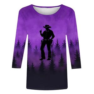 T-shirts pour femmes Western Cowboy grande taille, col rond, rouge, décontracté, manches 3/4, boutonné, coupe ample, épaules tombantes - Product Image 5