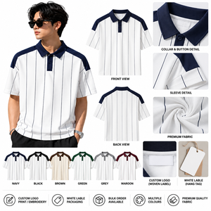 Polo a rayas verticales blancas y azul marino para hombre – Camiseta de manga corta informal para golf y sudaderas con capucha para hombre - Product Image 4