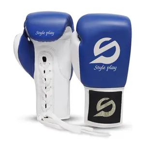 Guantes de boxeo profesionales de piel sintética azul con cordones para sparring y combate. - Product Image 1