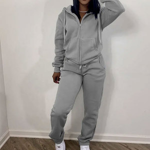 <b>Women's</b> Winter <b>Blue</b> Hooded <b>Fleece</b> Zipper Streetwear Tracksuit Set Casual Long Sleeve Joggers Full Length Regular Fit Solid Color - Product Image 4