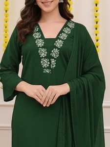 Green Cotton Embroidered <b>Kurta</b> Set <b>Women</b> Indian Pakistani Outfit Floral Neck with Dupatta Pants Wedding Party for <b>Women</b> Fit - Product Image 2