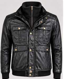 Veste en cuir noire pour homme ChampKing avec fermeture éclair et boutons marron - Product Image 1