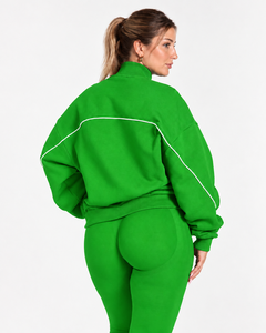 Conjunto de chándal de dos piezas para mujer al por mayor: Chaqueta con cremallera y contraste de líneas, pantalón de pierna ancha de ajuste relajado, ropa a juego. - Product Image 4
