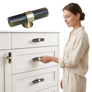Cylindrical Brass <b>Cabinet</b> Handle with Black Resin <b>Knob</b> for Kitchen Furniture Contemporary Design Durable Finish - Product Image 2