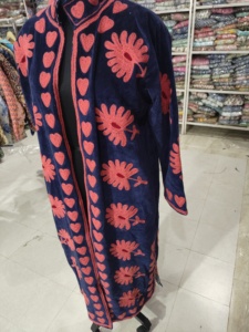<b>Women</b> Velvet <b>Robe</b> Full Length Mandarin Collar Hand Embroidered Floral Pattern Zipper Closure Soft Cozy Winter Wear - Product Image 3