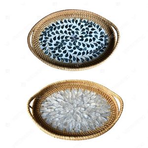 Earthy Oval Shape Serving <b>Tray</b> Capiz Shell <b>Tray</b> Home Organization Product Holder Rattan <b>Tray</b> <b>With</b> <b>Handles</b> - Product Image 3
