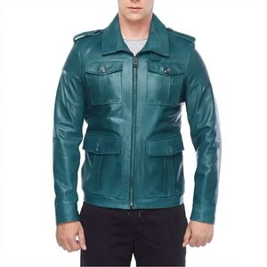 Men's Genuine Leather Embossed Vintage Distressed Zipper <b>Jacket</b> Patchwork Stand Collar Regular Spring Casual <b>Patch</b> Designs - Product Image 1