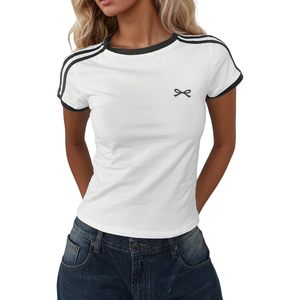 Women's <b>Cap</b> <b>Sleeve</b> Baby Tee 100% Cotton Fitted Contrast Piping Y2K Streetwear T-shirt Custom OEM Slim Fit Fashion Crop <b>Top</b> - Product Image 1
