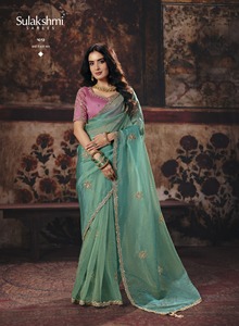 Sari Sulakshmi pour femme, vert sarcelle, en soie brodée, traditionnel, pour mariage, avec chemisier rose, longueur au sol, coupe classique - Product Image 1