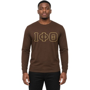 Brown Men’s <b>Long</b> Sleeve Crewneck T-Shirt with Gold Greek Letter Graphic Casual Fraternity Cotton Tee for College Campus - Product Image 1