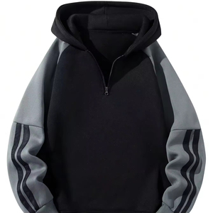Sweat-shirt à capuche zippé 1/4 pour homme, coupe slim, en tissu peigné anti-boulochage, avec épaules tombantes, patchwork, collection automne, personnalisable OEM - Product Image 1