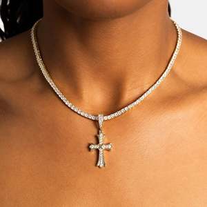 Luxury 18K Gold Filled Moissanite Cross Pendant Necklace Round Brilliant Cut <b>Snake</b> <b>Chain</b> Women's Christian Everyday Wear - Product Image 2