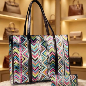 Sac fourre-tout jacquard géométrique multicolore de qualité supérieure avec pochette assortie – Sac à bandoulière à motif tribal chevron bohème - Product Image 1