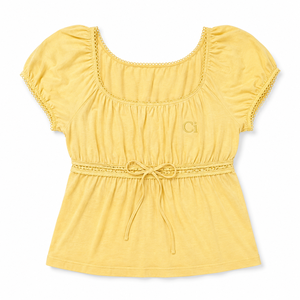 Chemisier jaune à col carré et manches bouffantes pour femme, taille cintrée, logo personnalisé, style vintage, avec cordon de serrage et fronces, haut peplum pour l'été et le printemps - Product Image 4