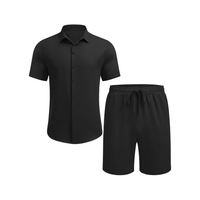Ensemble deux pièces pour homme, chemise à manches courtes col V boutonnée et short, été, plage, tricot uni, décontracté, respirant, personnalisable