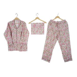 Vintage Classic Women's Summer Casual Pajama <b>Set</b> Three-Piece Floral Pattern 100% Cotton Eco-Friendly Button for Wear Wholesale - Product Image 1