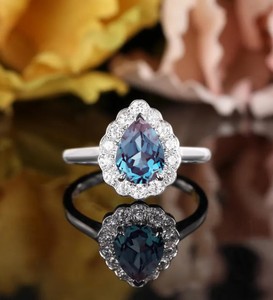 Pear Cut Alexandrite & Moissanite <b>Silver</b> Vintage Engagement Wedding Ring with Color Change Gemstone for Women Luxury - Product Image 1