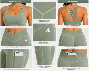 Sage Green Women Yoga Set V-Cut Scrunch Butt Leggings Cross Back Sports Bra Gym Activewear Set with Pockets - Product Image 5