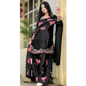 Heavy Japan Satin Embroidered Full Sleeve <b>Top</b> With Farshi Salwar And Organza Silk Dupatta Fully Stitched Party Wear Suit Set - Product Image 1