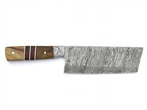 Couteau de cuisine artisanal en acier Damas, manche en bois segmenté, couteau à découper les légumes et la viande - Product Image 1
