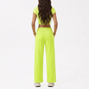 Conjunto Deportivo de 2 Piezas para Mujer, Top Corto Atlético con Cuello Redondo en Amarillo Neón y Pantalones Cortos de Cintura Alta, Secado Rápido, Spandex/Nylon, Ropa Deportiva para Gimnasio - Product Image 2