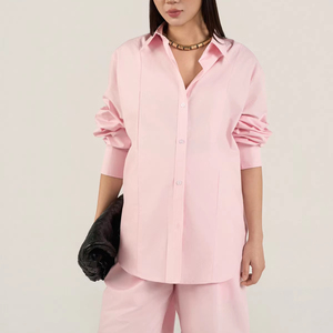 Conjunto de 2 Piezas para Mujer, Camisa de Popelina 100% Algodón, Prelavada con Enzimas, Transpirable, Largo por Encima de la Rodilla, Manga Larga, Estilo Casual, y Pantalones Cortos Bermuda - Product Image 1