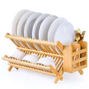 Collapsible 2-Tier Bamboo Dish <b>Drying</b> <b>Rack</b> Foldable Wooden Drainer Utensil Holder Space-Saving Kitchen Dish <b>Rack</b> - Product Image 1